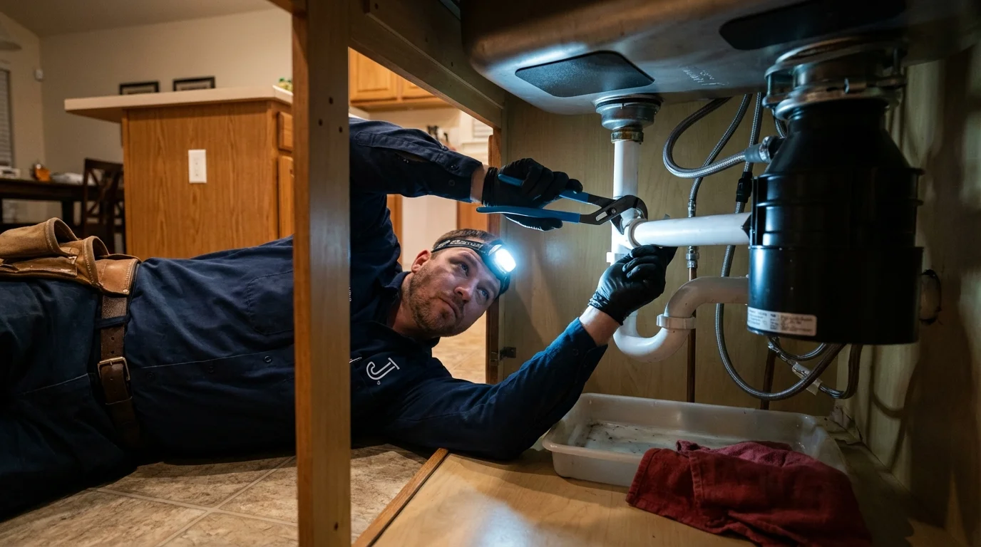 P-trap and supply line connections under a kitchen sink showing a common leak point in Altoona, PA